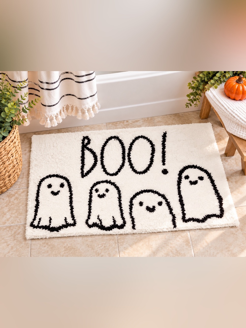 NEW Rae Dunn White Ghost BOO! Bathroom Rug - Size 20x32